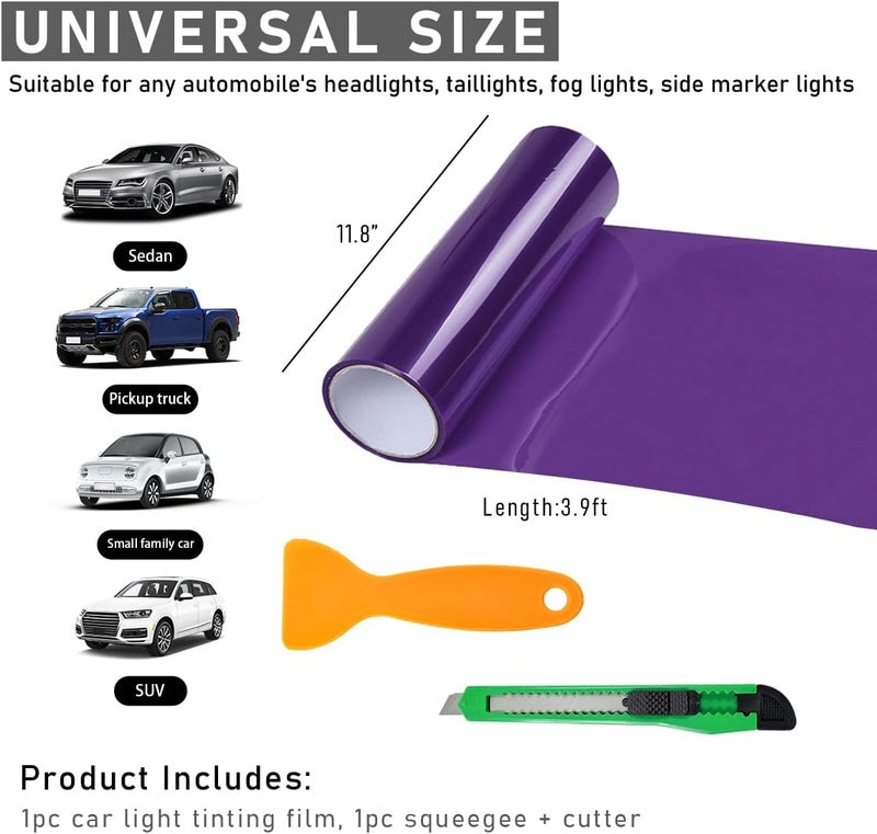 Wevdn Car Light Tint Film, 46.8" × 11.8" Extra-Wide Waterproof Headlight Taillight Tint Wrap Roll, Self Adhesive Film Sticker Sheet for Car Headlight Tail Lights with Squeegee+Cutter (Purple) - Image 2